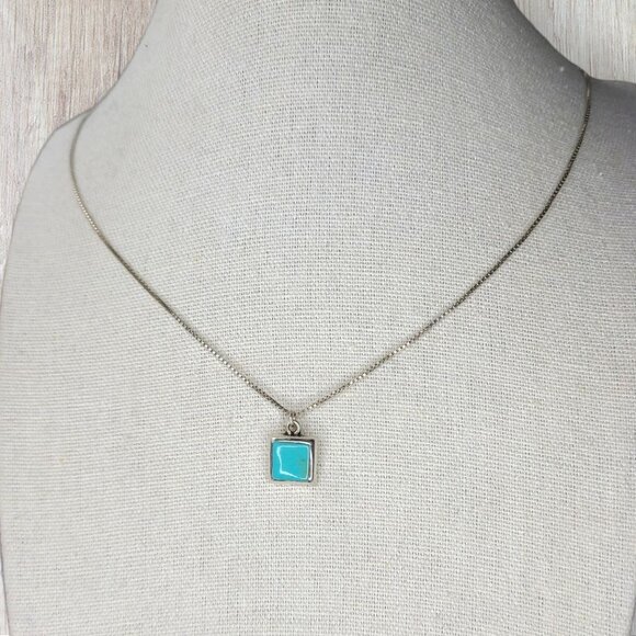 Vintage Sterling Silver Square Turquoise Pendant Necklace Minimalist 19" - Picture 2 of 8